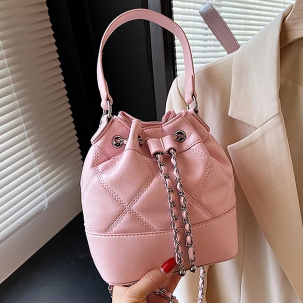 Pink small top handle chain strap bucket crossbody shoulder bag